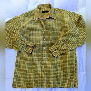 Men Size L Bugatchi Uomo Yellow Green Plaid Button Front Shirt